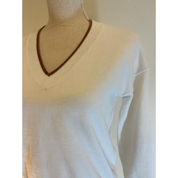 MARLED V-Neck Sweater White Long Sleeve Brown Trim Fall Minimalist | XS - Picture 3 of 7